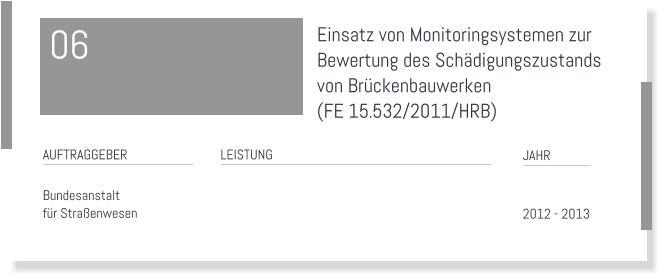Einsatz von Monitoringsystemen zur  Bewertung des Schädigungszustands von Brückenbauwerken  (FE 15.532/2011/HRB)    LEISTUNG   JAHR    2012 - 2013  AUFTRAGGEBER  Bundesanstalt  für Straßenwesen  06