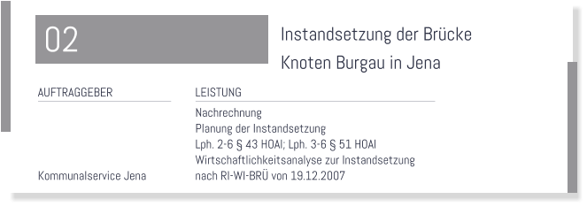 Instandsetzung der Brcke   Knoten Burgau in Jena   LEISTUNG Nachrechnung  Planung der Instandsetzung Lph. 2-6  43 HOAI; Lph. 3-6  51 HOAI Wirtschaftlichkeitsanalyse zur Instandsetzung nach RI-WI-BR von 19.12.2007    AUFTRAGGEBER      Kommunalservice Jena  02