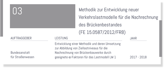 Methodik zur Entwicklung neuer  Verkehrslastmodelle fr die Nachrechnung  des Brckenbestandes  (FE 15.0587/2012/FRB)   LEISTUNG Entwicklung einer Methodik und deren Umsetzung  zur Abbildung von Ziellastniveaus fr die  Nachrechnung von Brckenbauwerke durch  geeignete α-Faktoren fr das Lastmodell LM 1  JAHR     2017 - 2018  AUFTRAGGEBER   Bundesanstalt  fr Straenwesen  03