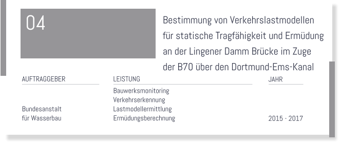 Bestimmung von Verkehrslastmodellen  fr statische Tragfhigkeit und Ermdung  an der Lingener Damm Brcke im Zuge  der B70 ber den Dortmund-Ems-Kanal    LEISTUNG Bauwerksmonitoring  Verkehrserkennung Lastmodellermittlung Ermdungsberechnung   JAHR     2015 - 2017  AUFTRAGGEBER   Bundesanstalt  fr Wasserbau  04